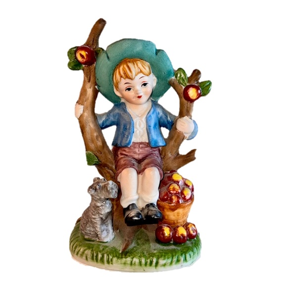 💙 3/$21 Vintage Cottagecore 6" figurine - Boy in an Apple Tree + Dog - Picture 1 of 5